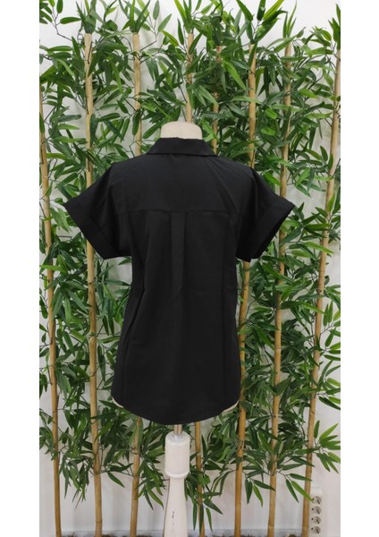 Mottisfashion Kadın Kısa Kollu V Yakalı Önden Düğmeli Dokuma Gömlek