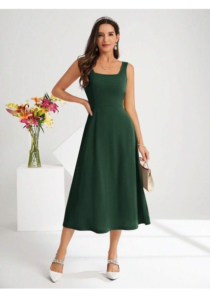 Mottisfashion Kadın Askılı Kare Yakalı Midi Ithal Krep Elbise indirimleri