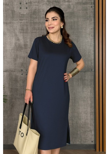 Mottisfashion Kadın Kısa Kollu Bisiklet Yaka Yırtmaçlı Viskon Iki Iplik Elbise