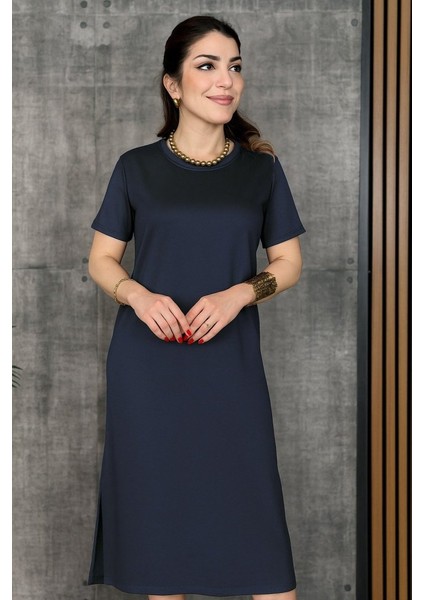 Mottisfashion Kadın Kısa Kollu Bisiklet Yaka Yırtmaçlı Viskon Iki Iplik Elbise modelleri