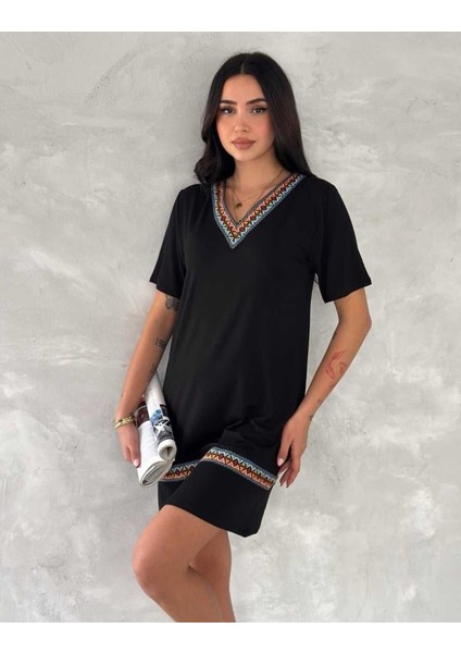 Mottisfashion Kadın Kısa Kollu V Yakalı Etnik Desen Şerit Detaylı Viskon Elbise