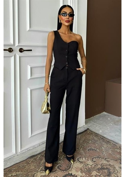 Mottisfashion Tek Omuz Büstiyer Plazzo Pantolon Viscon Takım 10159