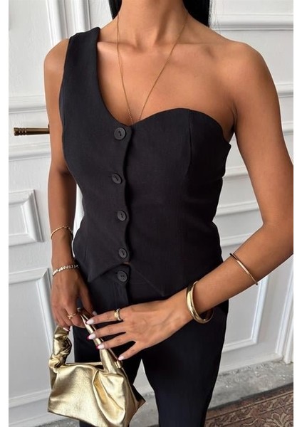 Mottisfashion Tek Omuz Büstiyer Plazzo Pantolon Viscon Takım 10159