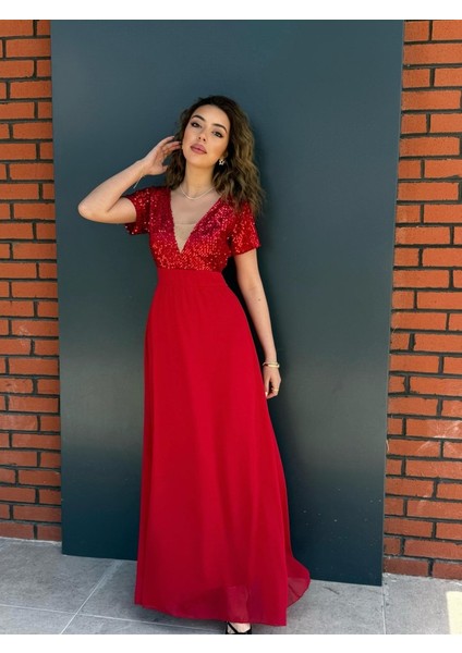 Mottisfashion Kadın Kısa Kollu Derin V Yakalı A Kesim Pulpayet Detaylı Şifon Nedime Elbisesi