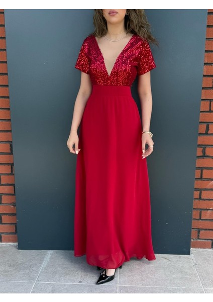 Mottisfashion Kadın Kısa Kollu Derin V Yakalı A Kesim Pulpayet Detaylı Şifon Nedime Elbisesi fiyatları