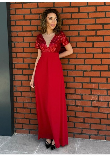 Mottisfashion Kadın Kısa Kollu Derin V Yakalı A Kesim Pulpayet Detaylı Şifon Nedime Elbisesi modelleri