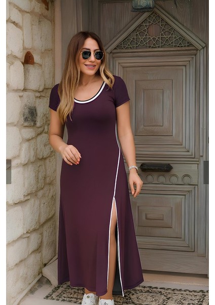 Mottisfashion Kadın Kısa Kollu Yuvarlak Yaka Beyaz Yırtmaç Detaylı Viskon Tam Boy Elbise fiyatları