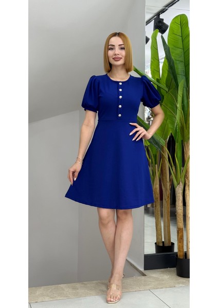 Mottisfashion Kadın Kısa Kollu Bisiklet Yaka Önden Düğmeli Ithal Krep Elbise