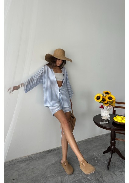 Mottisfashion Çizgili Tunik -Şort Takım - Mavi