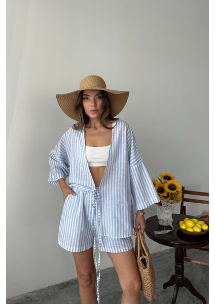 Mottisfashion Çizgili Tunik -Şort Takım - Mavi modelleri