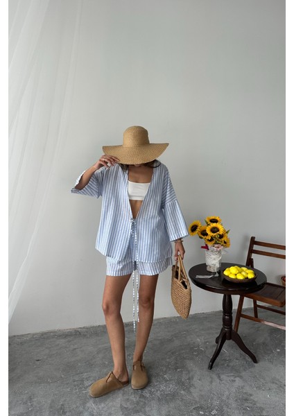 Mottisfashion Çizgili Tunik -Şort Takım - Mavi fırsatları