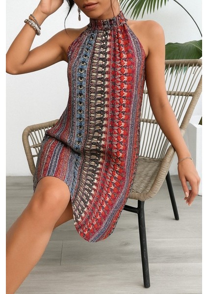 Mottisfashion Kadın Kolsuz Boyundan Askılı Desenli Midi Süprem Elbise