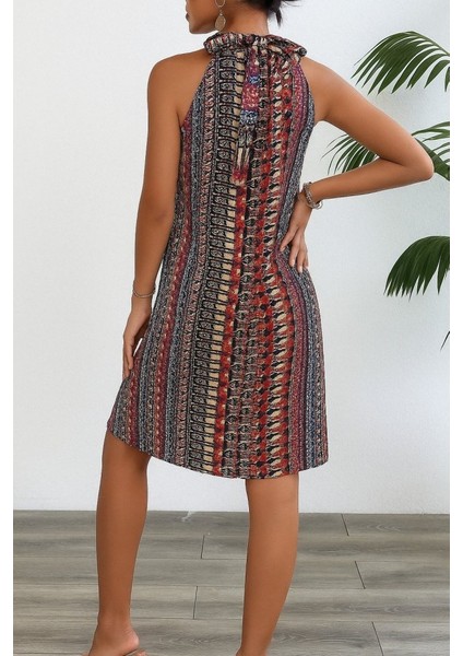 Mottisfashion Kadın Kolsuz Boyundan Askılı Desenli Midi Süprem Elbise modelleri