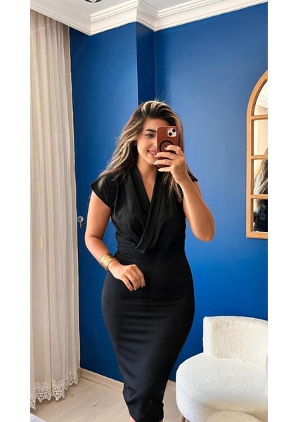 Mottisfashion Kadın Kısa Kollu Kruvaze Yaka Krep Elbise (Kemersiz)