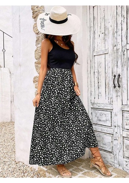 Mottisfashion Kadın Askılı Yuvarlak Yaka Üst Viskon Alt Desenli Bürümcük Elbise
