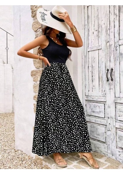 Mottisfashion Kadın Askılı Yuvarlak Yaka Üst Viskon Alt Desenli Bürümcük Elbise modelleri