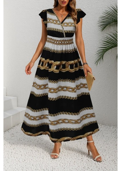 Mottisfashion Kadın Kısa Kollu Kruvaze Yakalı Beli Lastikli Desenli Maksi Boy Örme Krep Elbise