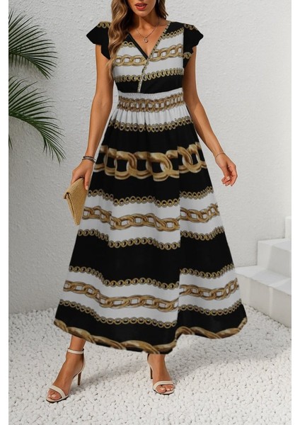 Mottisfashion Kadın Kısa Kollu Kruvaze Yakalı Beli Lastikli Desenli Maksi Boy Örme Krep Elbise modelleri