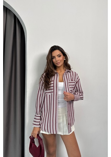 Mottisfashion Çizgili Gömlek - Bordo