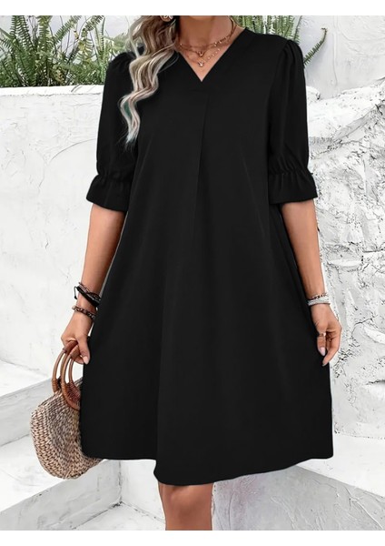 Mottisfashion Kadın Kısa Kollu V Yakalı Salaş Janjan Krep Elbise modelleri