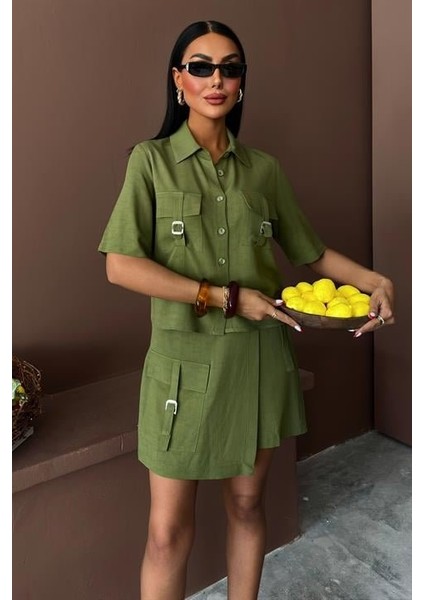 Mottisfashion Gömlek Şort Etek Viscon Keten Takım 10162