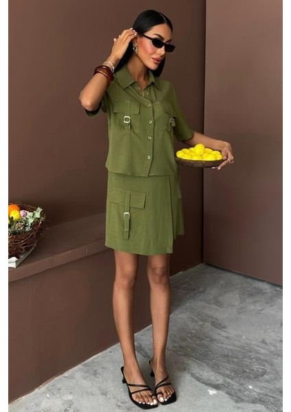 Mottisfashion Gömlek Şort Etek Viscon Keten Takım 10162 indirimleri