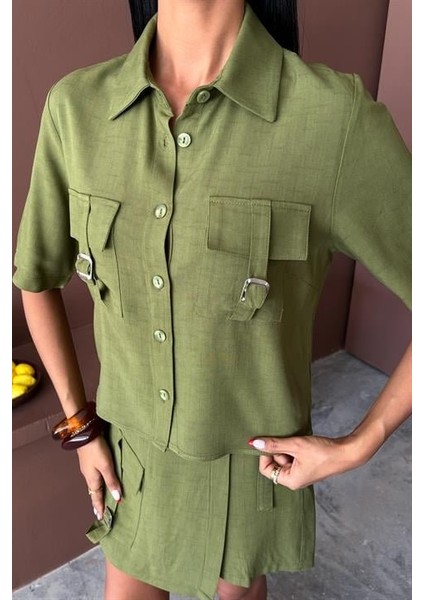 Mottisfashion Gömlek Şort Etek Viscon Keten Takım 10162