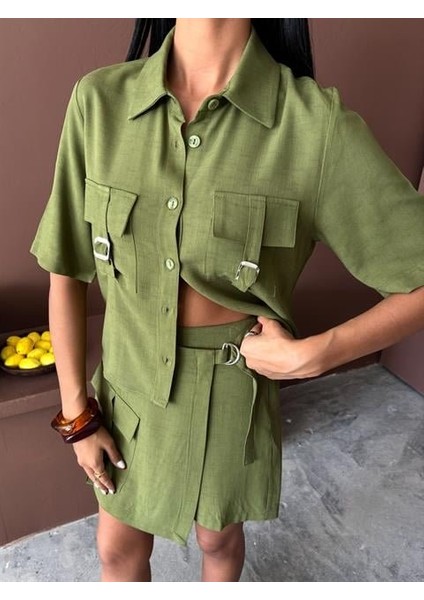 Mottisfashion Gömlek Şort Etek Viscon Keten Takım 10162