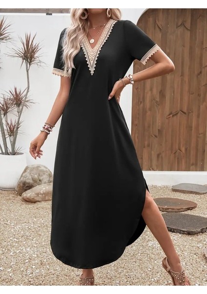 Mottisfashion Kadın Kısa Kollu Dantel V Yakalı Uzun Viskon Elbise fırsatları