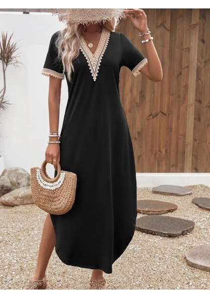 Mottisfashion Kadın Kısa Kollu Dantel V Yakalı Uzun Viskon Elbise indirimleri