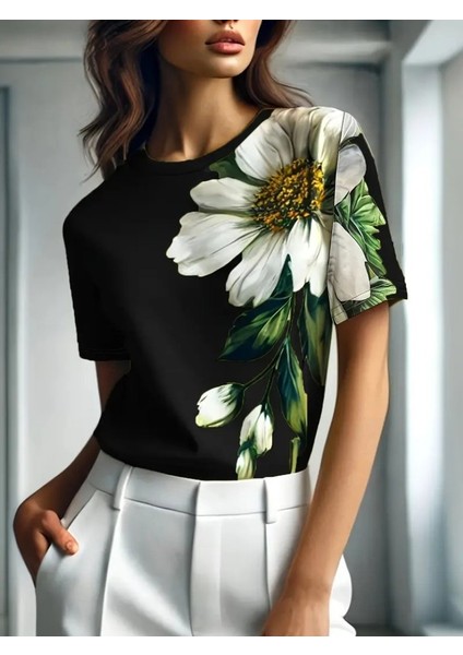 Mottisfashion Kadın Kısa Kollu Bisiklet Yaka Çiçek Baskılı Süprem Bluz