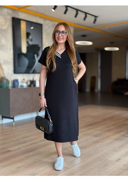 Mottisfashion Kadın Kısa Kollu V Ribana Yakalı Yırtmaçlı Midi Viskon Iki Iplik Elbise fırsatları