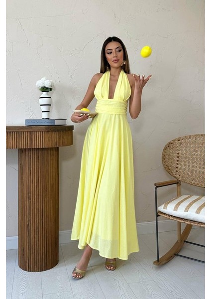 Mottisfashion Sarı Askılı Keten Elbise fiyatları