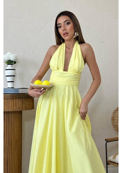 Mottisfashion Sarı Askılı Keten Elbise modelleri