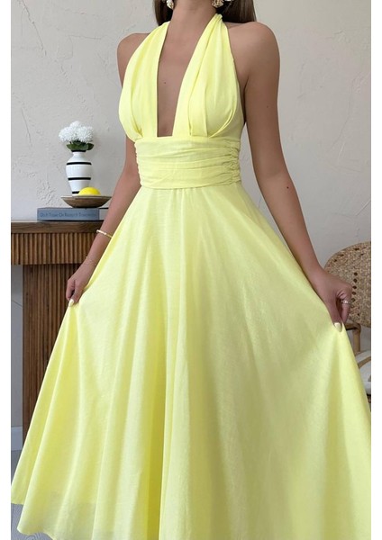 Mottisfashion Sarı Askılı Keten Elbise fırsatları