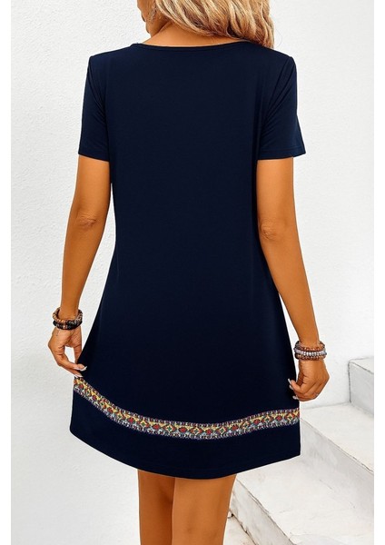 Mottisfashion Kadın Kısa Kollu V Yakalı Etnik Desen Şerit Detaylı Viskon Elbise modelleri