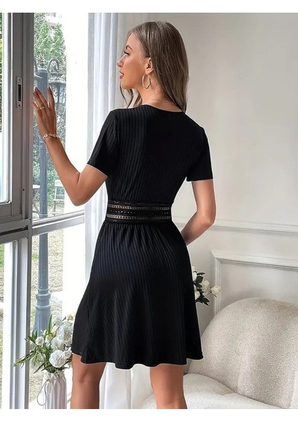 Mottisfashion Kadın Kısa Kollu Kruvaze Yakalı Belden Dantelli Kaşkorse Elbise indirimleri