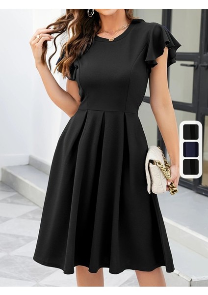 Mottisfashion Kadın Kelebek Kollu Bisiklet Yakalı Pileli Ithal Krep Elbise fırsatları