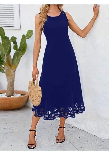 Mottisfashion Kadın Kolsuz Etek Ucu Lazer Kesim Çiçek Desenli Midi Boy Ithal Krep Elbise