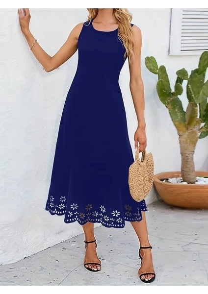 Mottisfashion Kadın Kolsuz Etek Ucu Lazer Kesim Çiçek Desenli Midi Boy Ithal Krep Elbise modelleri