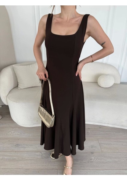 Mottisfashion Sırt Dekolteli Kolsuz Uzun Elbise - Kahverengi fiyatları