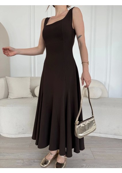 Mottisfashion Sırt Dekolteli Kolsuz Uzun Elbise - Kahverengi modelleri