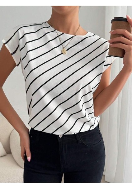 Mottisfashion Kadın Kısa Yarasa Kollu Bisiklet Yaka Çizgi Desenli Atlas Bluz