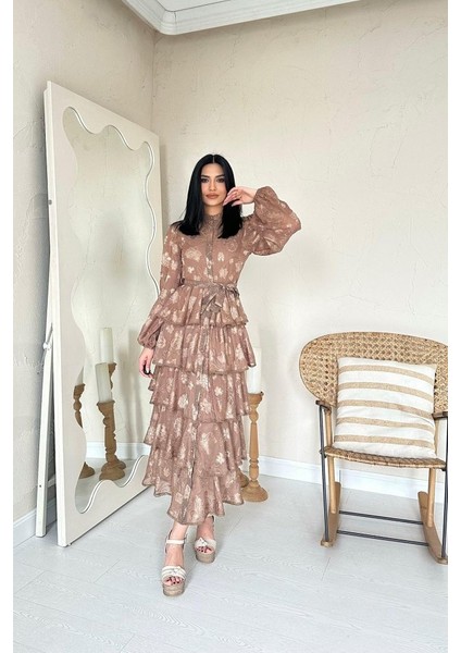 Mottisfashion Vizon Valonlu Şeritli Kat Kat Elbise modelleri