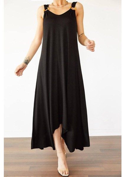 Mottisfashion Kadın Çan Dokuma Kumaş V Yaka Asimetrik Kesim Elbise