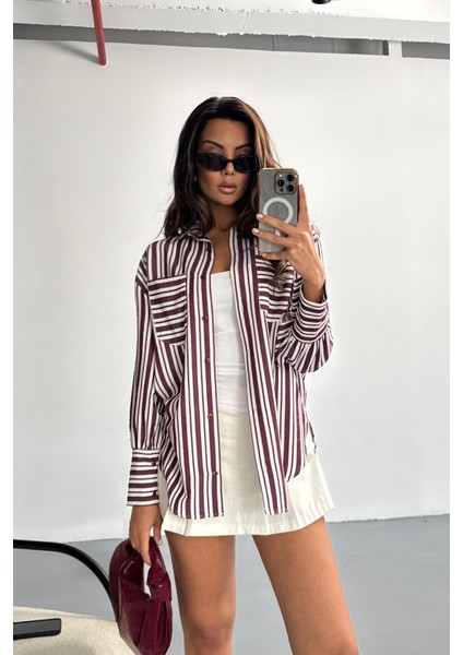 Mottisfashion Çizgili Gömlek - Bordo modelleri