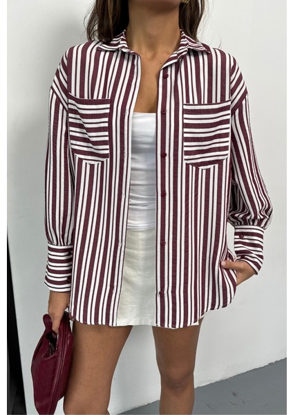 Mottisfashion Çizgili Gömlek - Bordo fırsatları