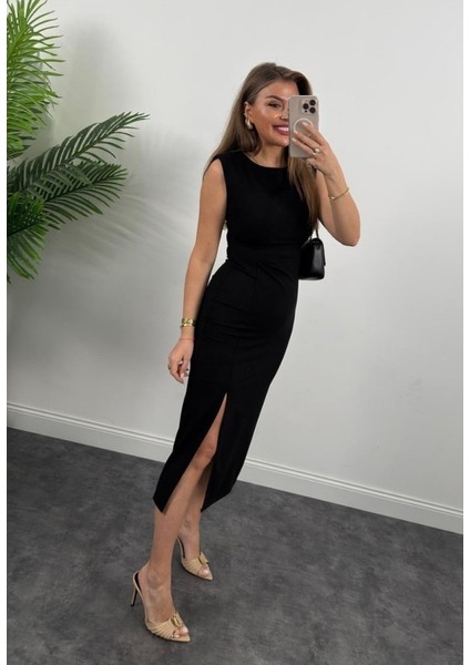 Mottisfashion Kadın Askılı Kolsuz Belden Büzgülü Yırtmaçlı Midi Janjan Krep Elbise fiyatları