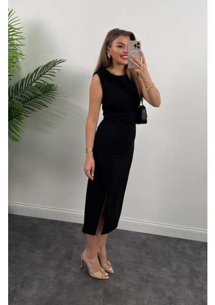 Mottisfashion Kadın Askılı Kolsuz Belden Büzgülü Yırtmaçlı Midi Janjan Krep Elbise fırsatları