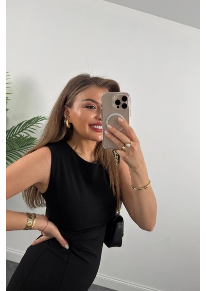 Mottisfashion Kadın Askılı Kolsuz Belden Büzgülü Yırtmaçlı Midi Janjan Krep Elbise